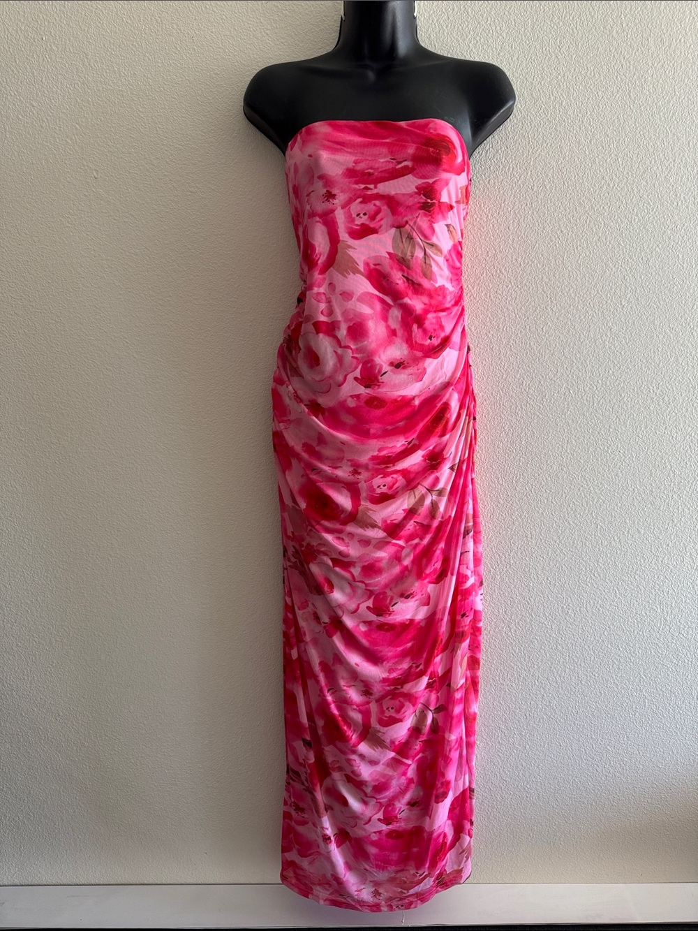 Floral Pink Strapless Midi Dress